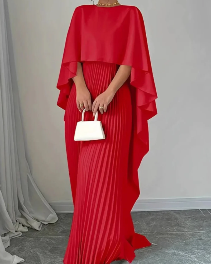 Helena Women's Cape Maxi Dress – Pleated Overlay & Flowy Formal Gown