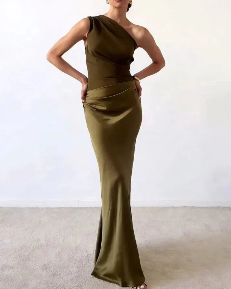Serena Women's One-Shoulder Maxi Dress – Draped Bodice & Glossy Formal Gown
