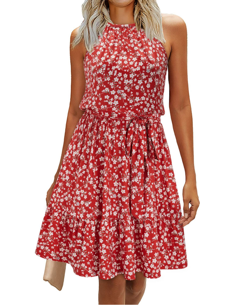 Elena Women’s Halter Dress – Sleeveless Knee-Length Swing Dress with Tie Belt