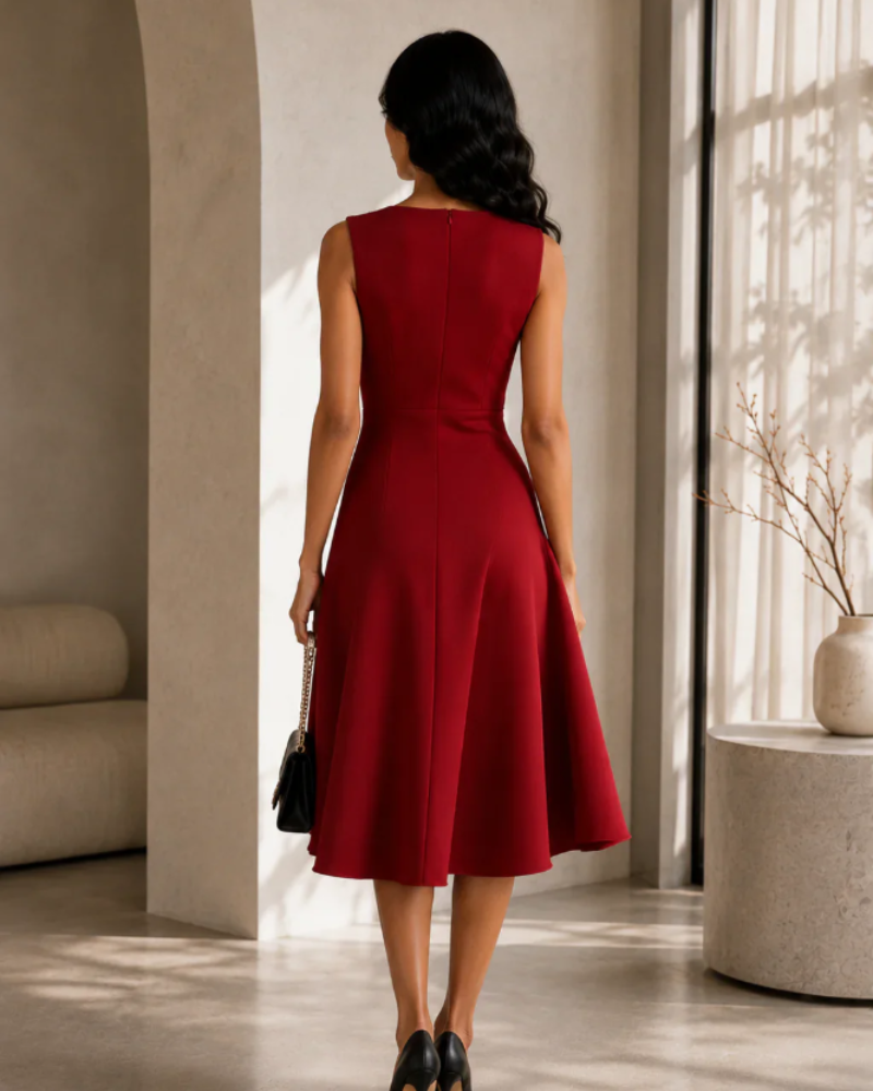 Beatrice Women's Asymmetrical Midi Dress – Sleeveless Fit with Defined Waist & Flowy Skirt