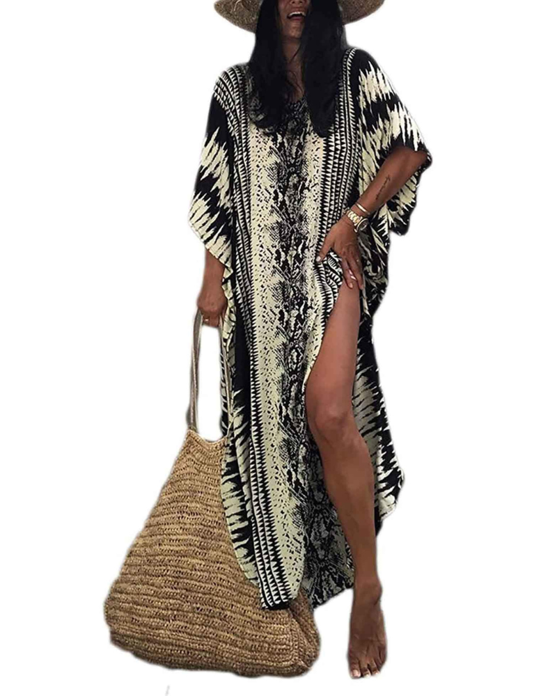 Camila Women’s Kaftan Maxi Dress – V-Neck Belted Beach Cover-Up