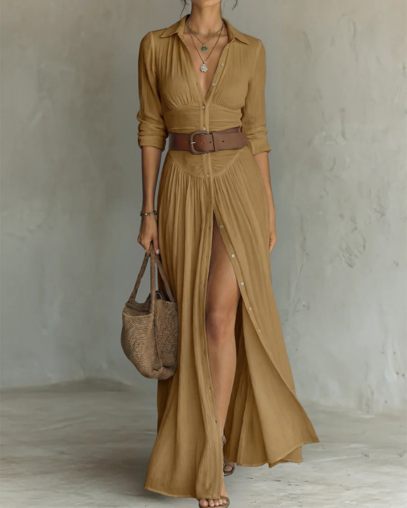 Helena Women’s Cotton Maxi Dress – Long Sleeve V-Neck Pleated Dress