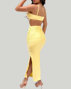 Bianca Women’s Midi Dress – Yellow Bodycon Stretch Dress with Pleated Details