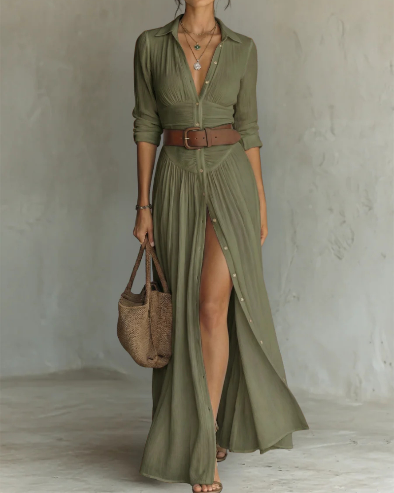 Veronica Women’s Cotton Maxi Dress – Long Sleeve V-Neck Pleated Dress