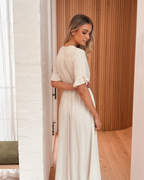 Madison Women's Maxi Dress – Beige V-Neck Button-Down Flowy Summer Gown