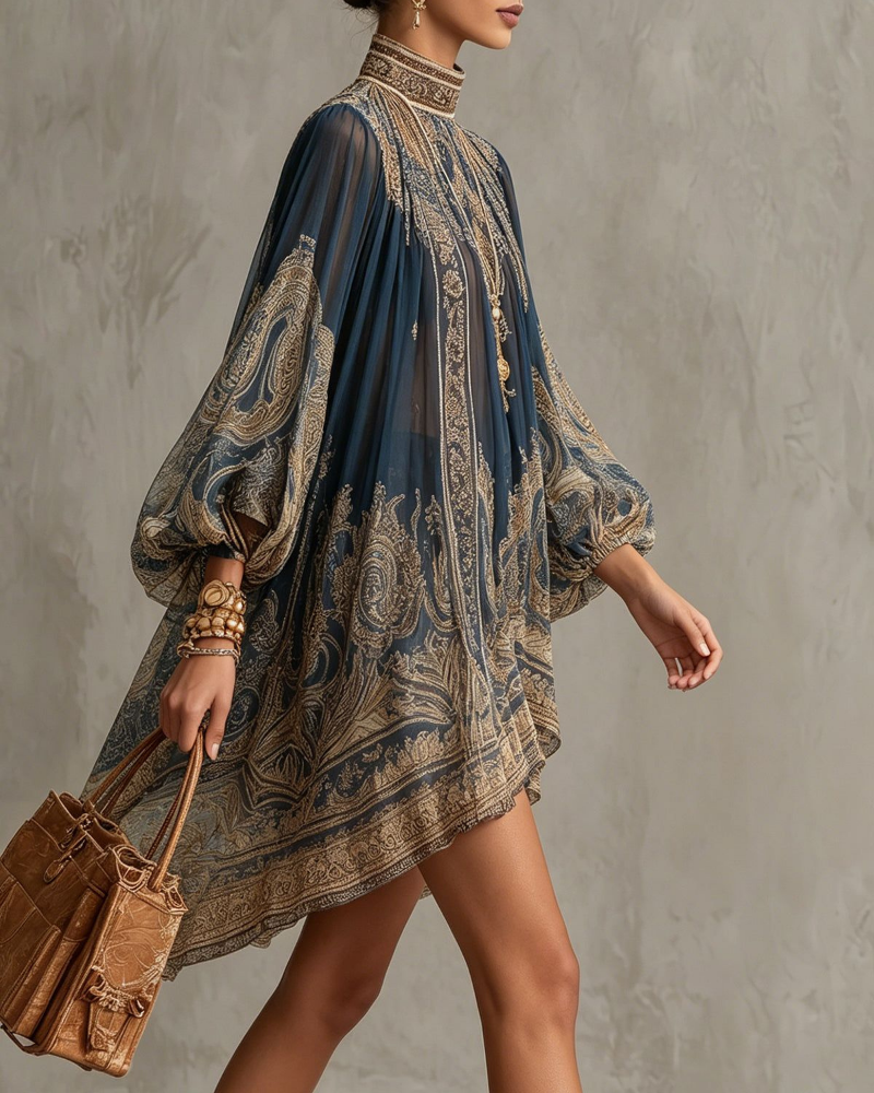 Valerie Women’s Chiffon Mini Dress – High Neck Ruffle Dress with Baroque Print
