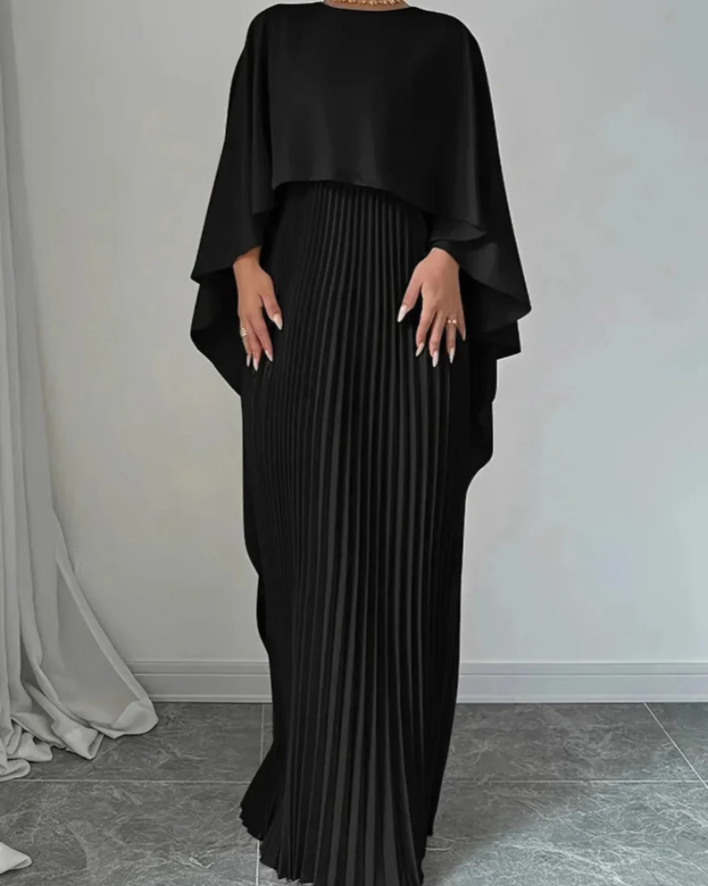 Helena Women's Cape Maxi Dress – Pleated Overlay & Flowy Formal Gown