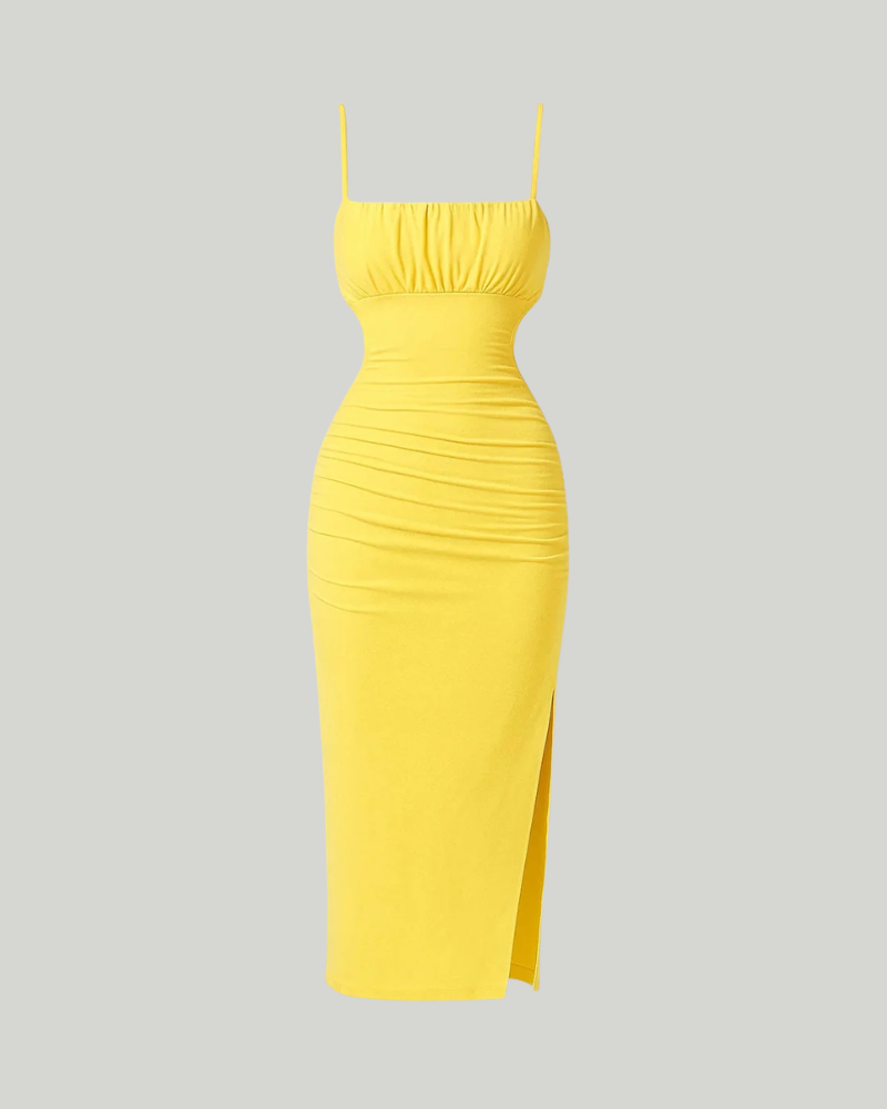 Bianca Women’s Midi Dress – Yellow Bodycon Stretch Dress with Pleated Details