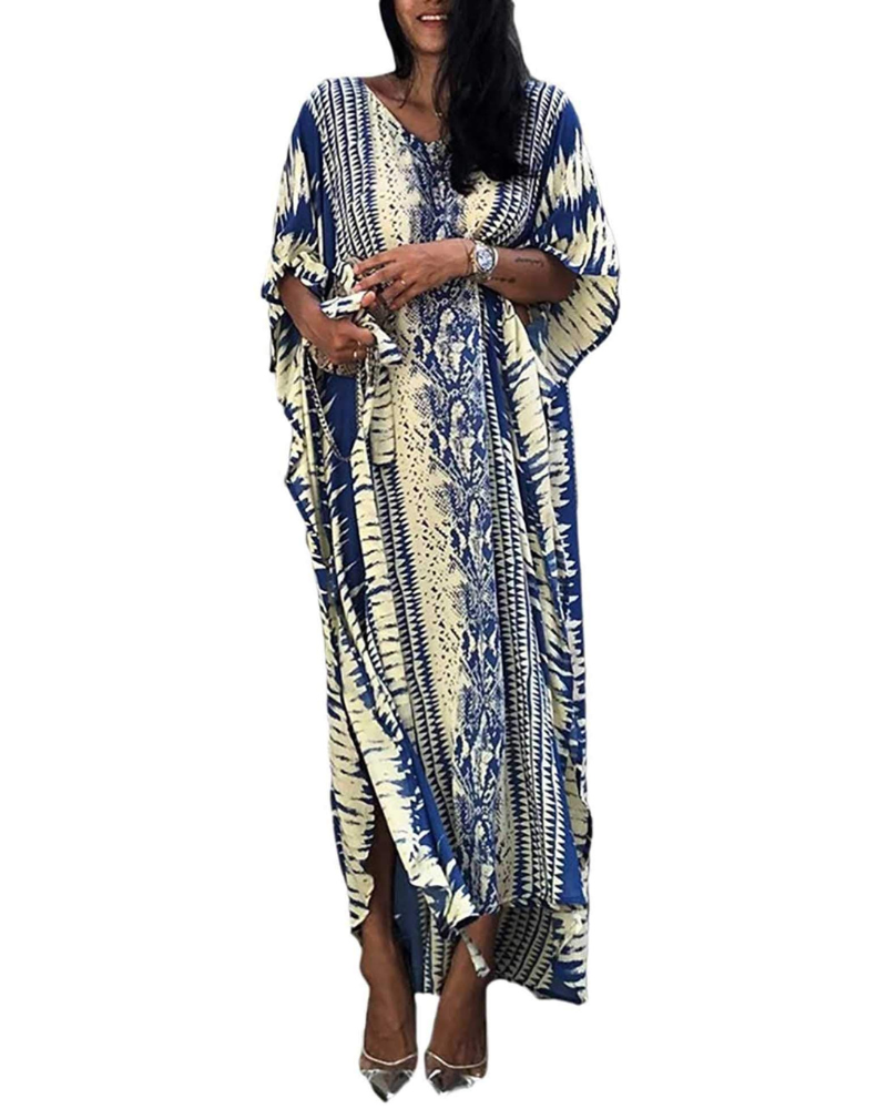Camila Women’s Kaftan Maxi Dress – V-Neck Belted Beach Cover-Up