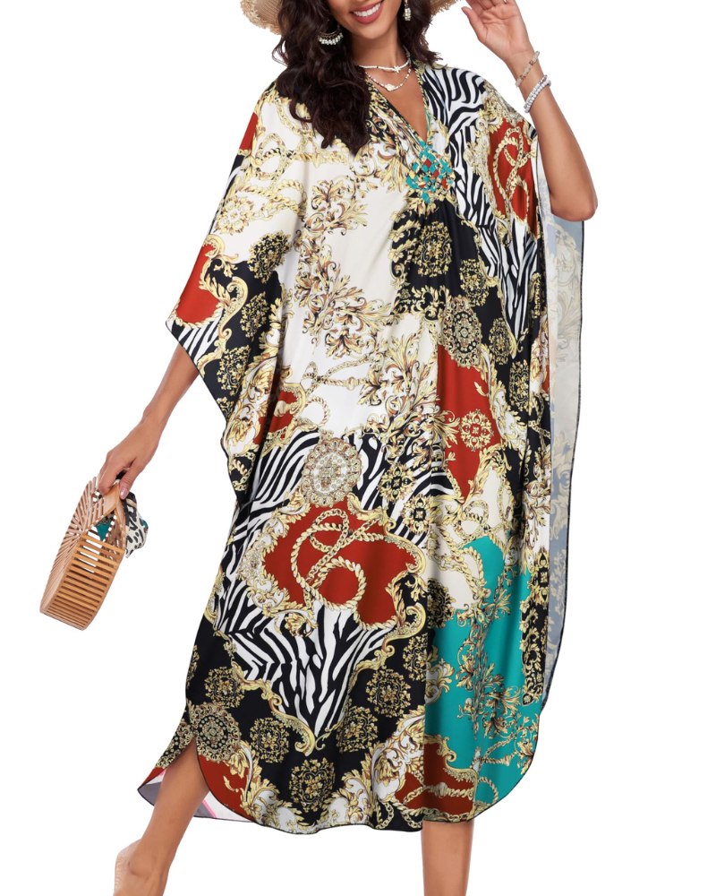 Serena Women’s V-Neck Kaftan Dress – Boho Maxi Beach Cover-Up