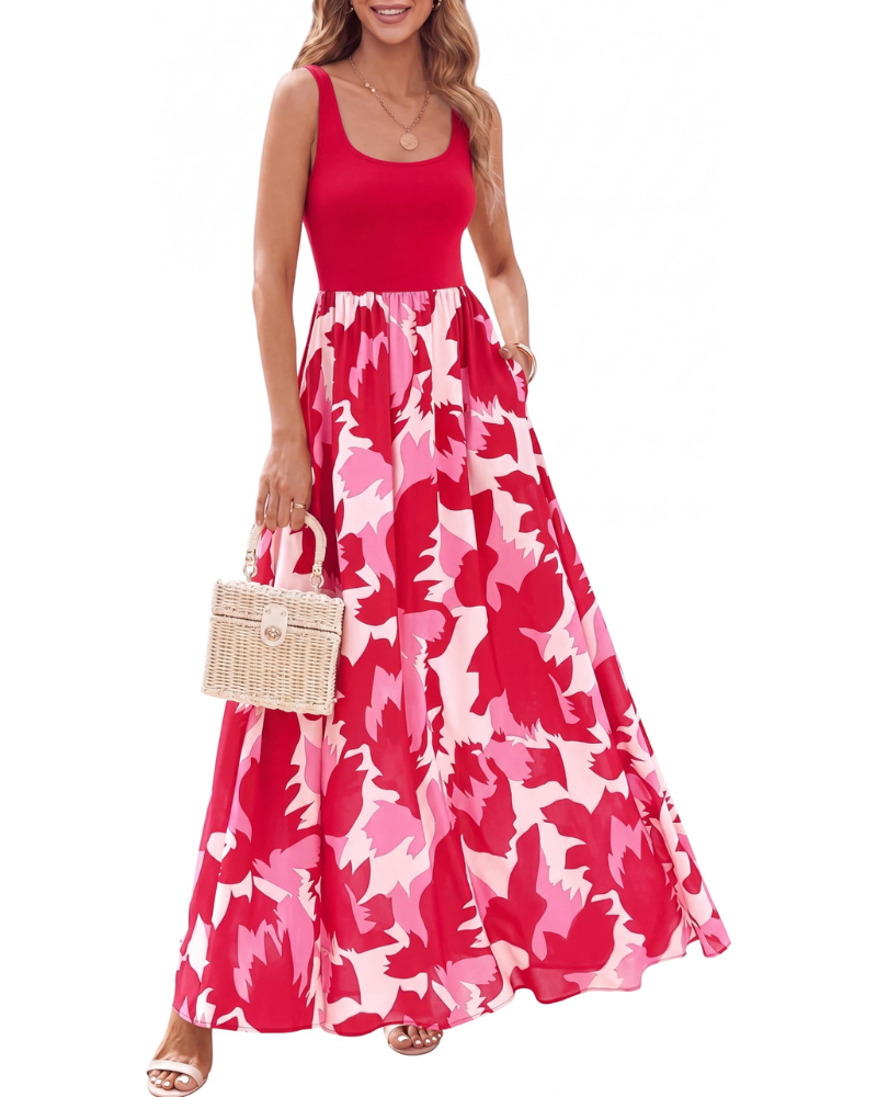 Sophia Women’s Boho Floral Maxi Dress – Sleeveless A-Line Vacation Sundress