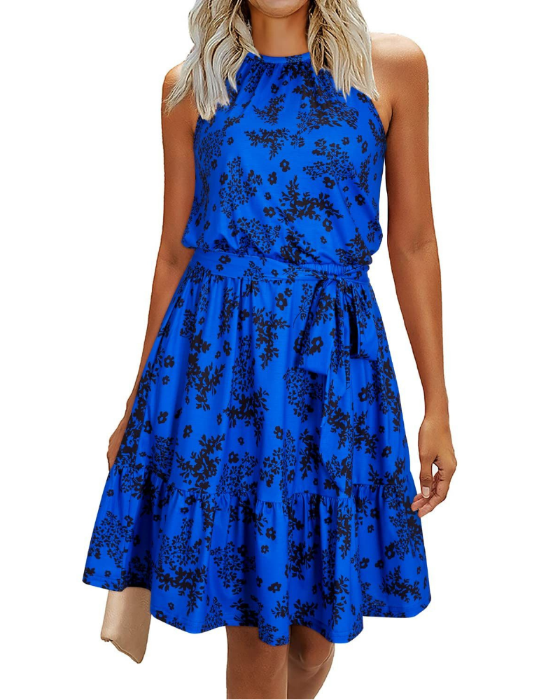 Elena Women’s Halter Dress – Sleeveless Knee-Length Swing Dress with Tie Belt