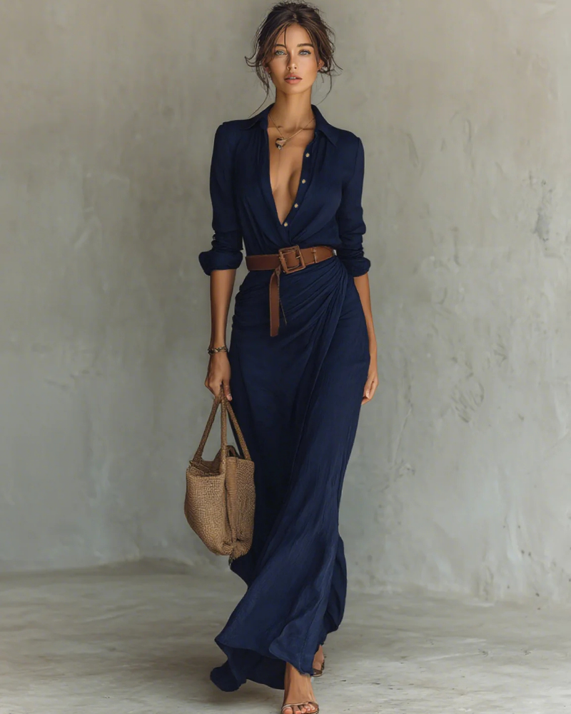 Bianca Women’s Maxi Shirt Dress – Long Sleeve Button Dress with Belted Waist