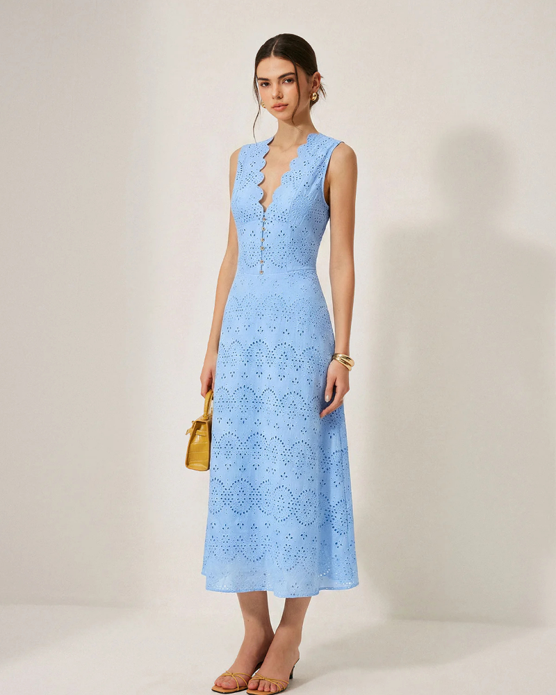 Gabriella Women’s Cotton Maxi Dress – Sleeveless V-Neck Dress with Hidden Zipper