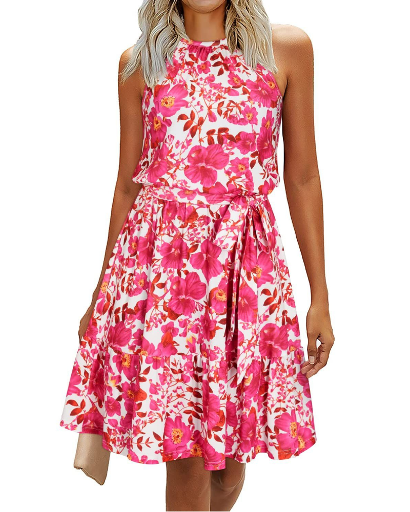 Elena Women’s Halter Dress – Sleeveless Knee-Length Swing Dress with Tie Belt