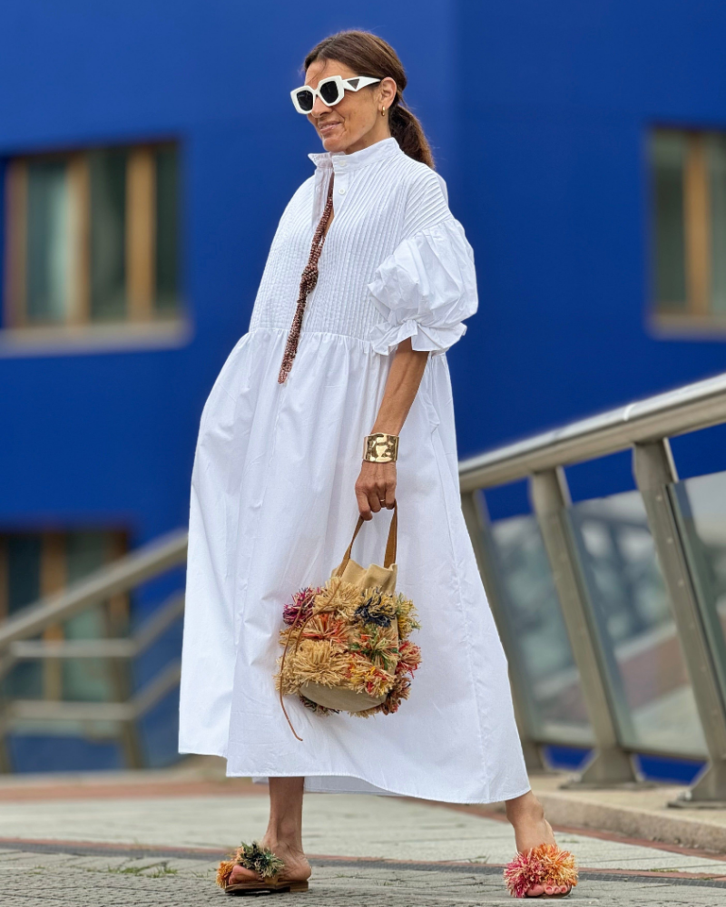 Naomi Women’s Cotton Maxi Dress – White Egyptian Cotton Dress with Belt & Pockets