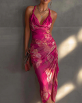 Celeste Women’s Floral Dress – Fuchsia Ruched Bodycon Dress with Draped Neckline