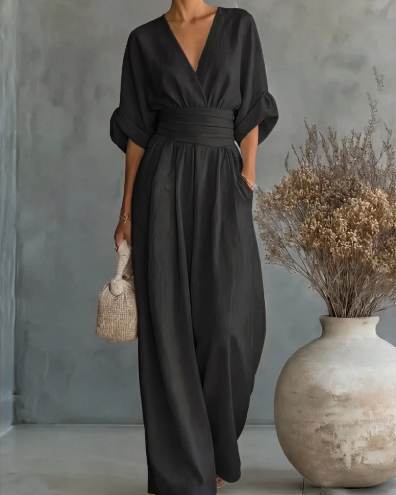 Hazel Women’s Wide Leg Jumpsuit – Elegant V-Neck Flowy Summer One-Piece Outfit