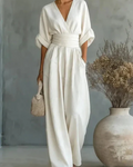 Hazel Women’s Wide Leg Jumpsuit – Elegant V-Neck Flowy Summer One-Piece Outfit