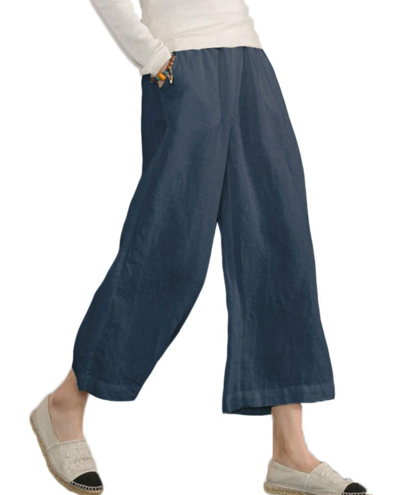 Claire Women’s Cotton Trousers – Breathable Wide Leg Summer Trousers with Elastic Waist & Pockets