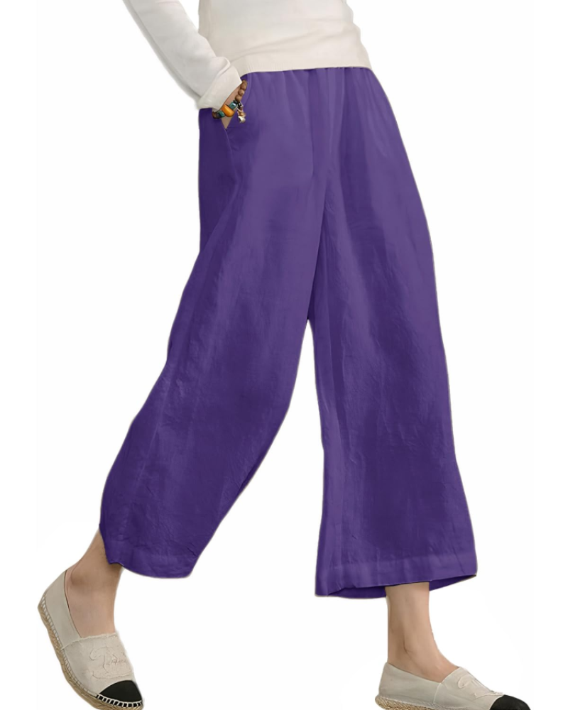 Claire Women’s Cotton Trousers – Breathable Wide Leg Summer Trousers with Elastic Waist & Pockets