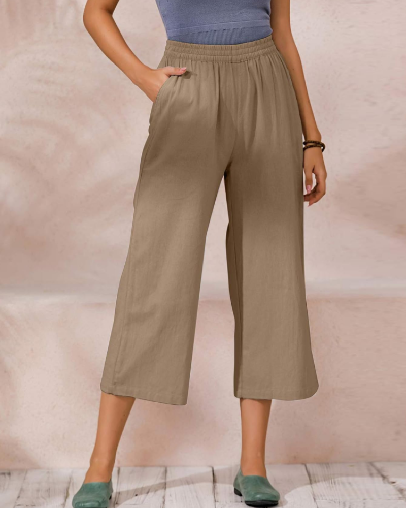 Claire Women’s Cotton Trousers – Breathable Wide Leg Summer Trousers with Elastic Waist & Pockets