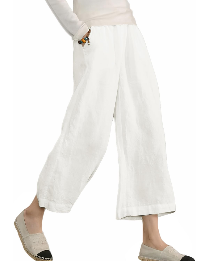 Claire Women’s Cotton Trousers – Breathable Wide Leg Summer Trousers with Elastic Waist & Pockets