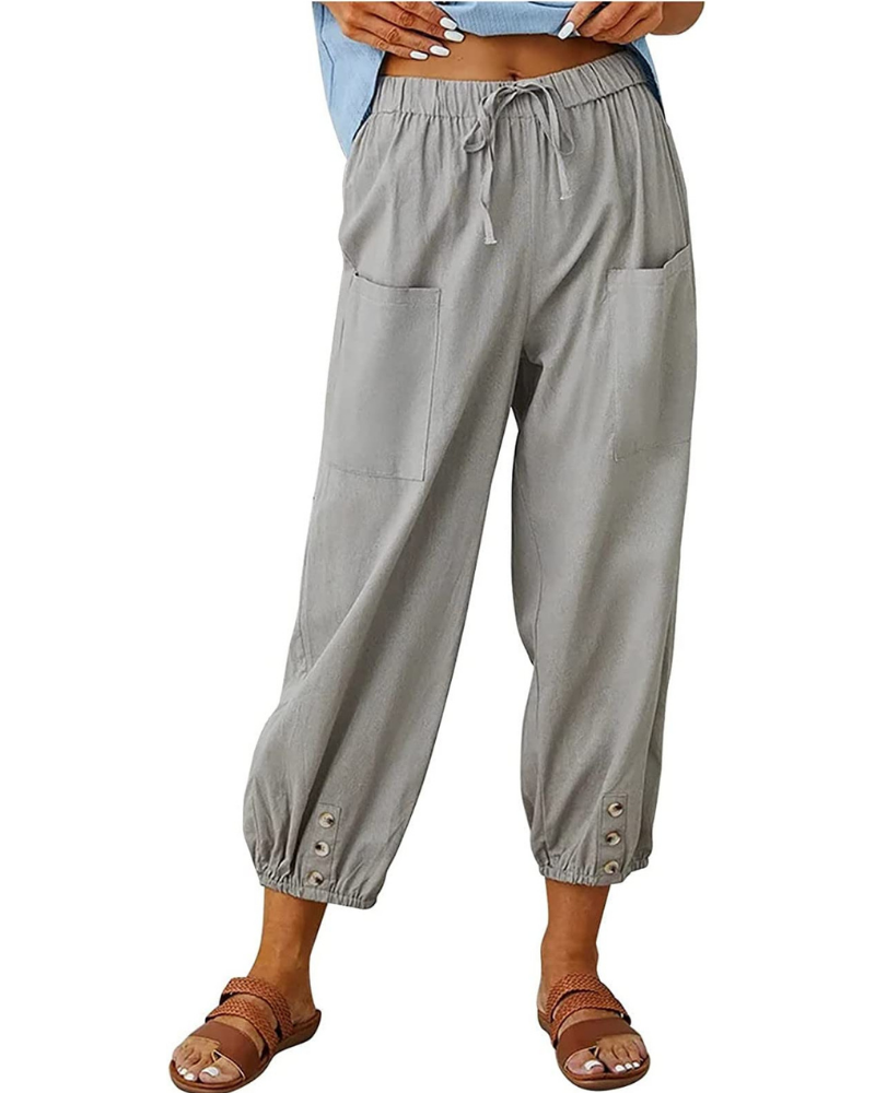 Chloe Women’s 7/8 Linen Pants – Wide Leg Summer Trousers with Button Detail