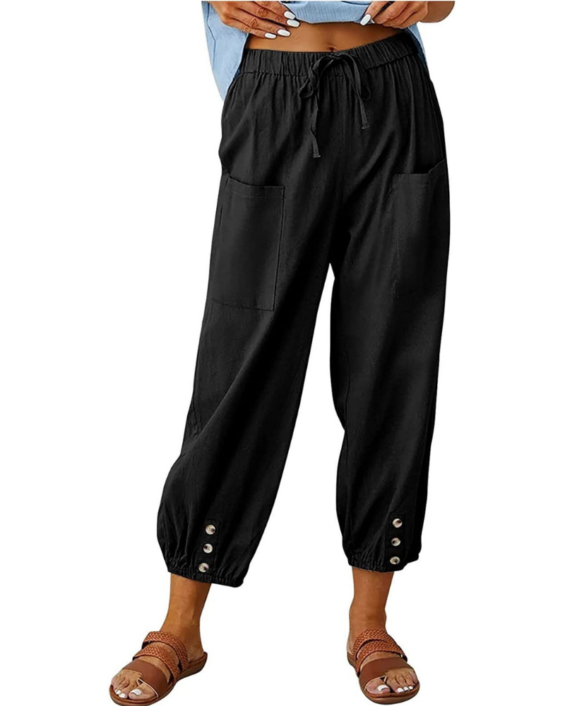 Chloe Women’s 7/8 Linen Pants – Wide Leg Summer Trousers with Button Detail