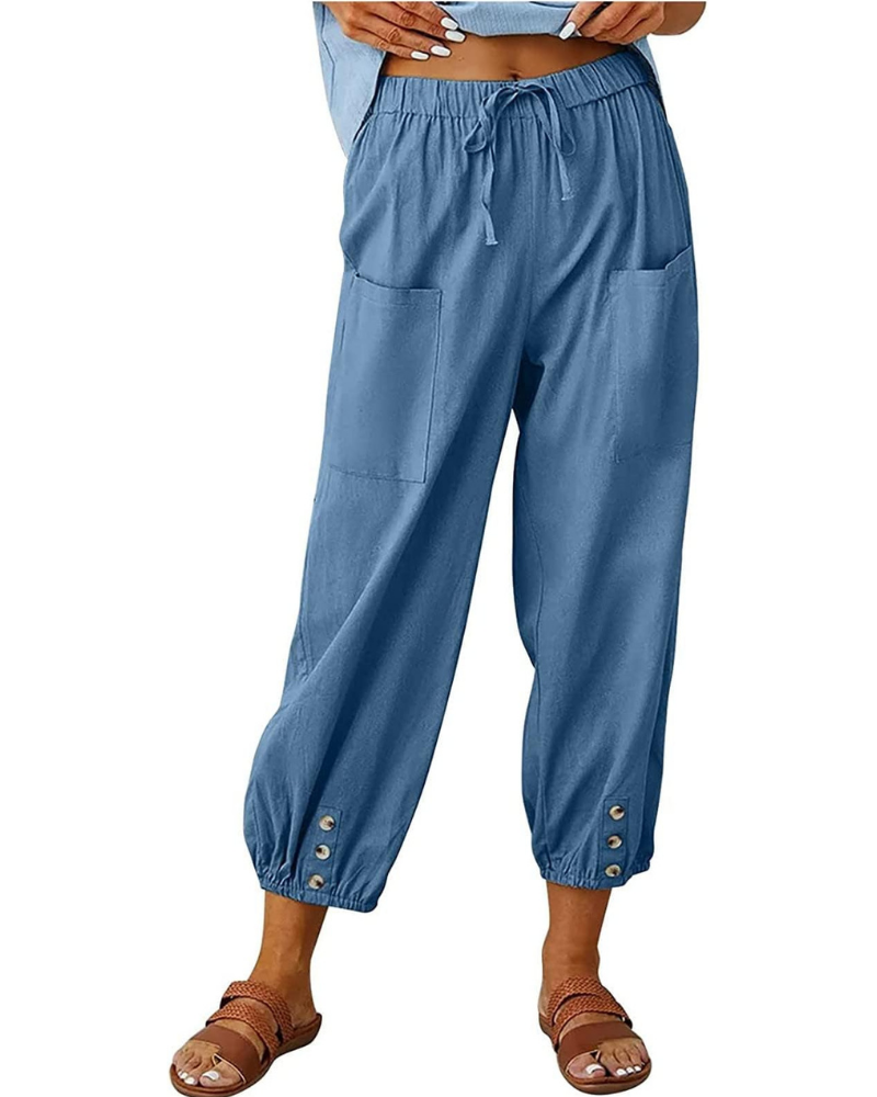 Chloe Women’s 7/8 Linen Pants – Wide Leg Summer Trousers with Button Detail
