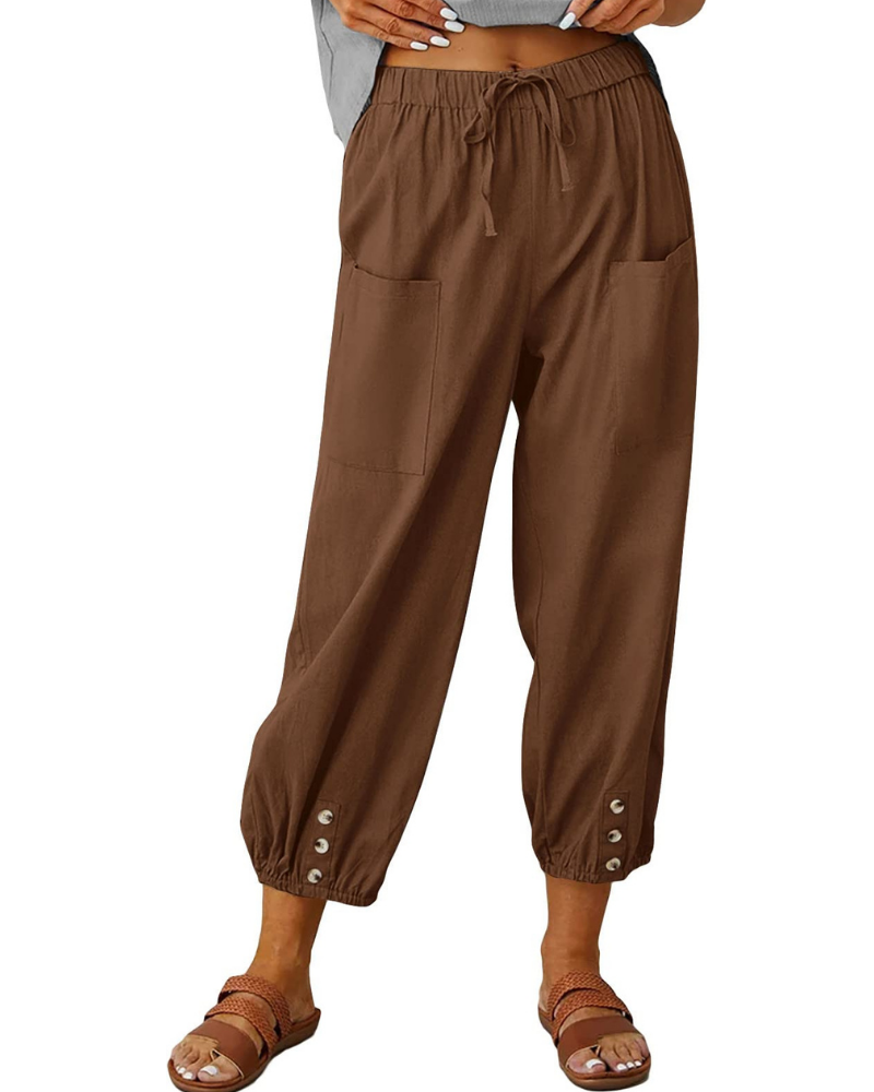 Chloe Women’s 7/8 Linen Pants – Wide Leg Summer Trousers with Button Detail