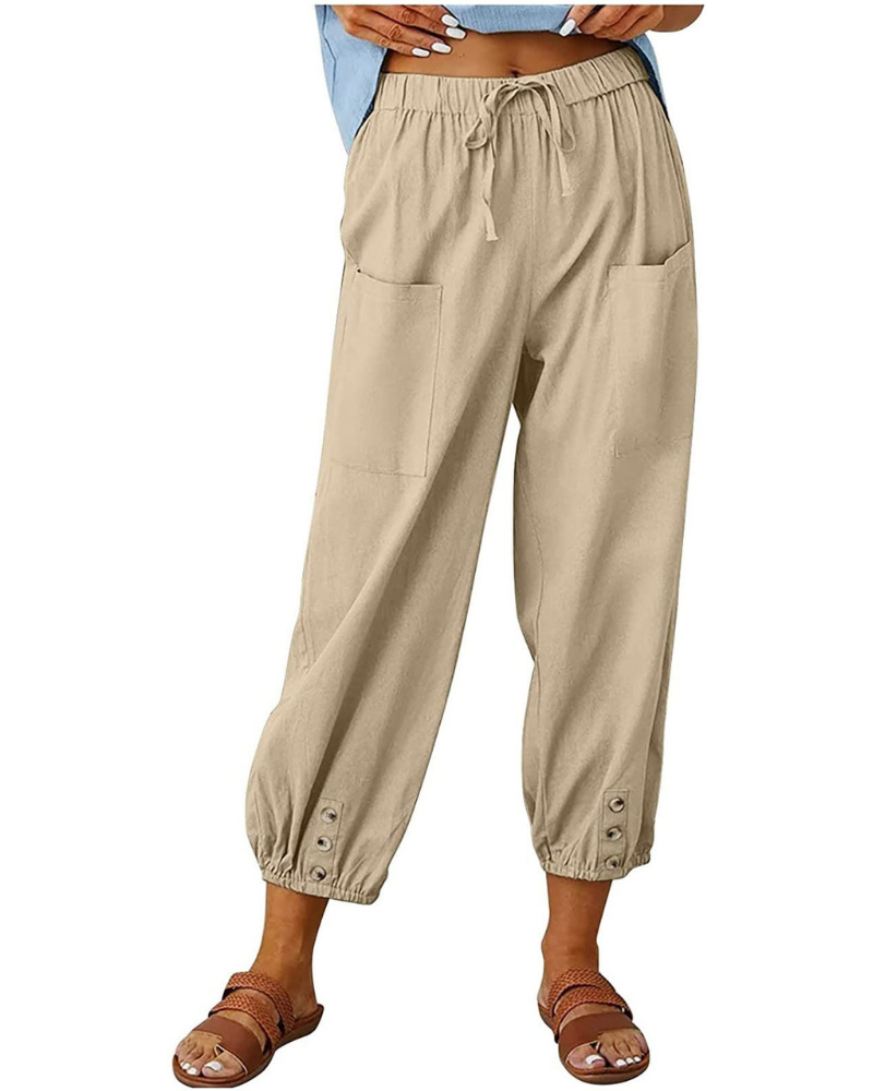 Chloe Women’s 7/8 Linen Pants – Wide Leg Summer Trousers with Button Detail
