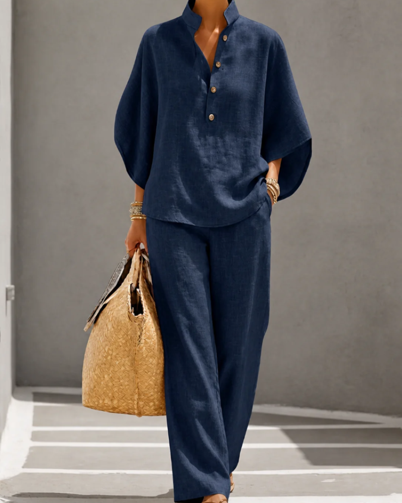 Loraine Women’s Palazzo Set – Relaxed Button Shirt & High Waist Wide Leg Pants
