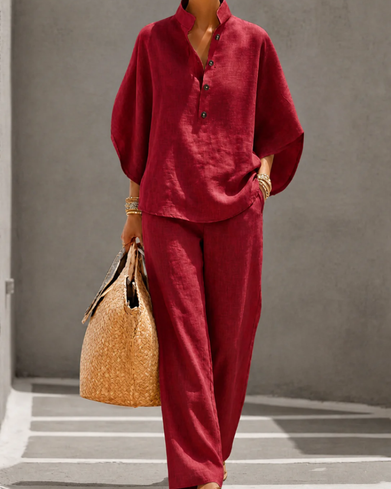 Loraine Women’s Palazzo Set – Relaxed Button Shirt & High Waist Wide Leg Pants