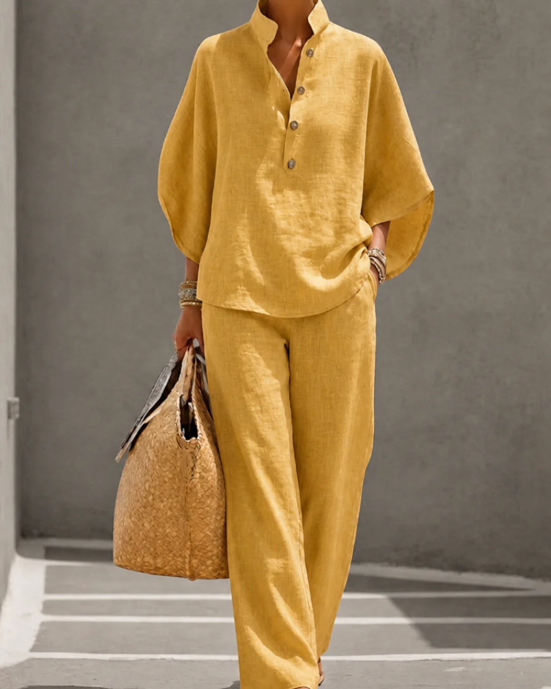 Loraine Women’s Palazzo Set – Relaxed Button Shirt & High Waist Wide Leg Pants