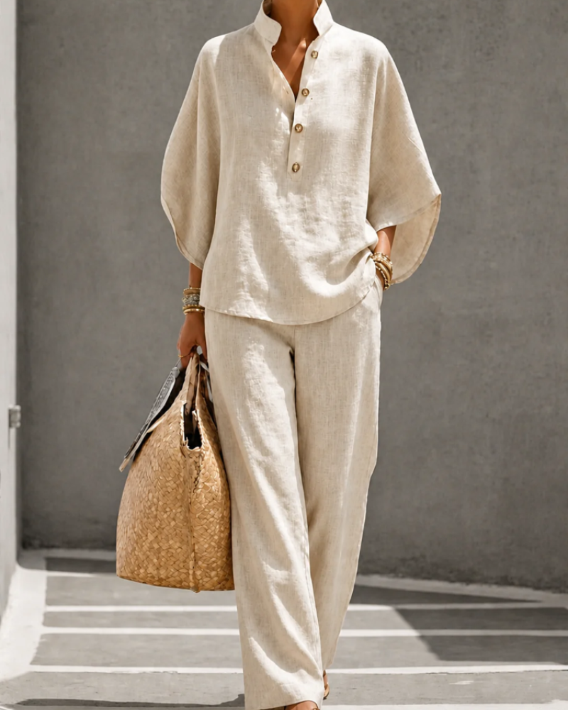 Celine Women’s Palazzo Set – Relaxed Button Shirt & High Waist Wide Leg Pants