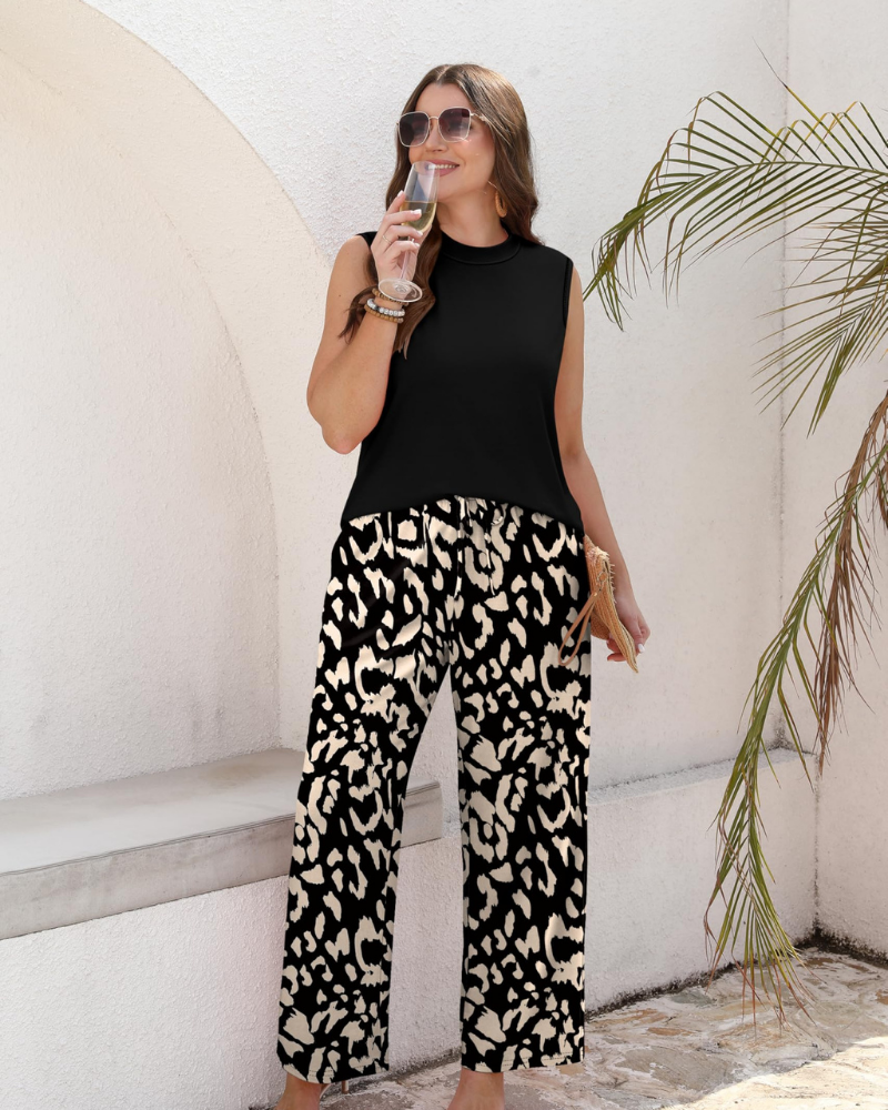 Natalie Women’s Two-Piece Set – Mock Neck Top & Printed Wide Leg Pants