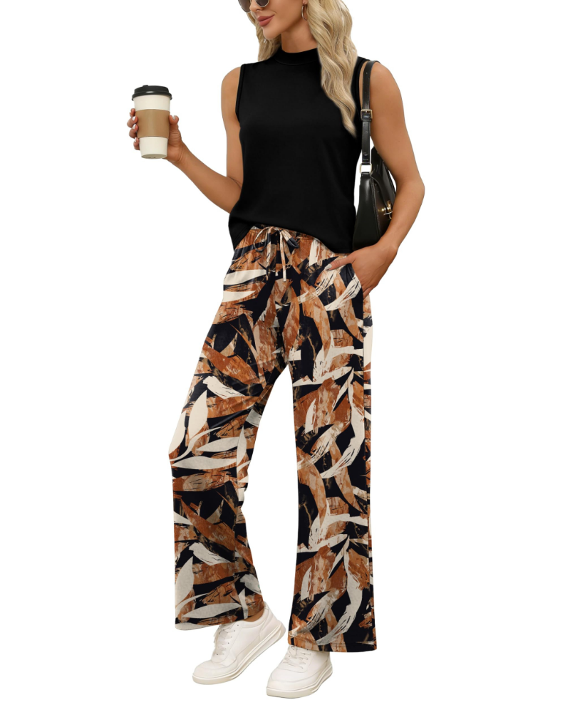 Natalie Women’s Two-Piece Set – Mock Neck Top & Printed Wide Leg Pants