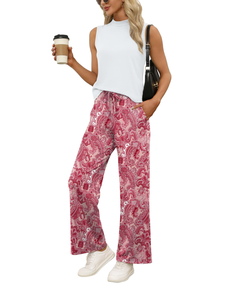 Natalie Women’s Two-Piece Set – Mock Neck Top & Printed Wide Leg Pants