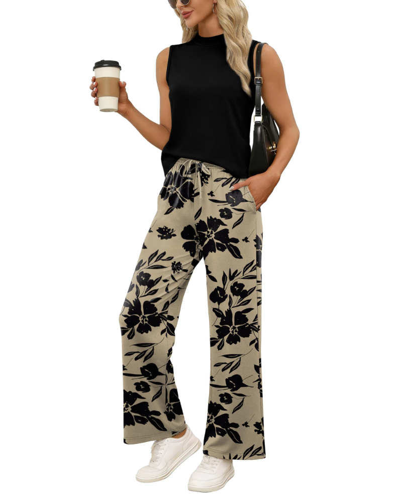 Natalie Women’s Two-Piece Set – Mock Neck Top & Printed Wide Leg Pants
