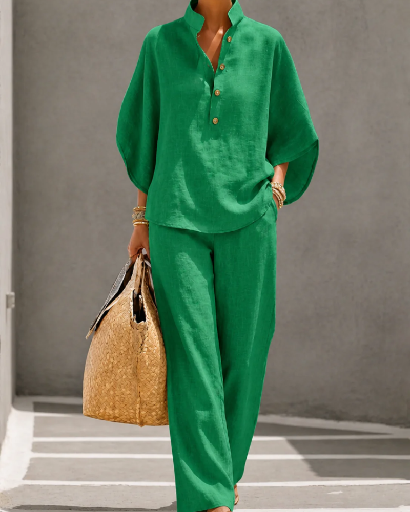 Loraine Women’s Palazzo Set – Relaxed Button Shirt & High Waist Wide Leg Pants