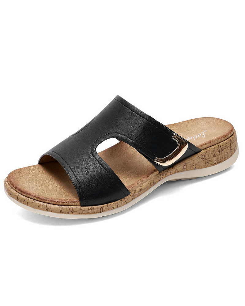 Valerie Women’s Buckle Sandals – PU Leather Arch Support Slides with Non-Slip Sole