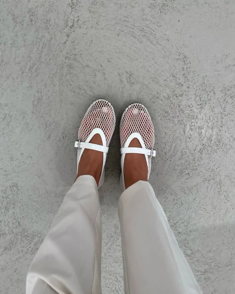 Madeline Women's Mesh Ballet Flats – Leather Details, Adjustable Strap & Foam Insole