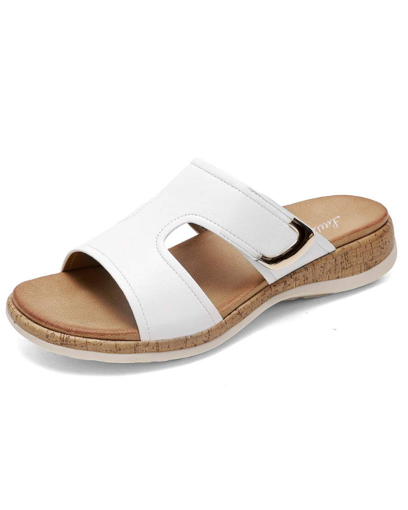 Valerie Women’s Buckle Sandals – PU Leather Arch Support Slides with Non-Slip Sole