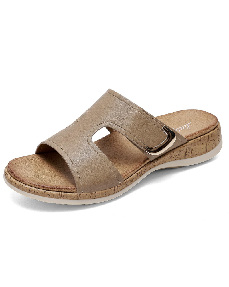 Valerie Women’s Buckle Sandals – PU Leather Arch Support Slides with Non-Slip Sole