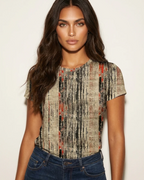 Sabrina Women's Graphic T-Shirt – Vintage-Inspired All-Over Print Crew Neck Top