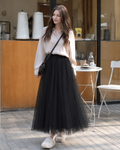 Shandria Women’s Tulle Midi Skirt – High Waist Layered Mesh Skirt with Elastic Waistband