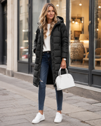 Evie Women’s Long Puffer Coat – Quilted Winter Jacket with Hood & Windproof Design
