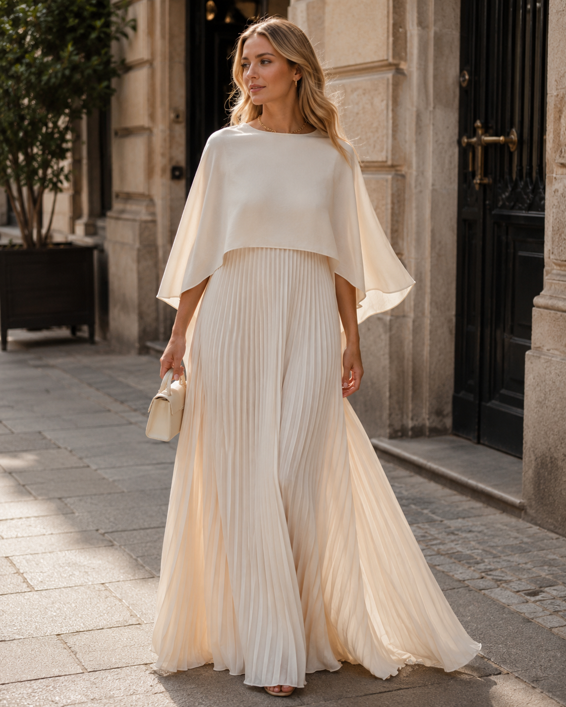 Helena Women's Cape Maxi Dress – Pleated Overlay & Flowy Formal Gown