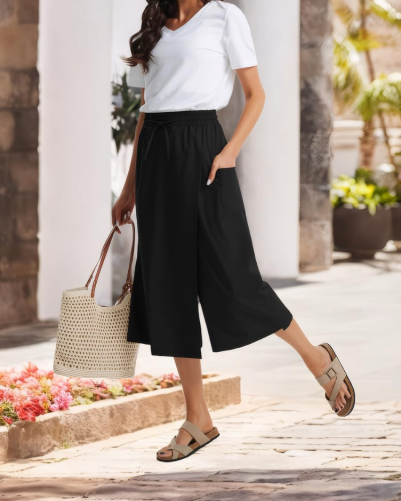 Sophie Women’s Capri Pants – High Waist Drawstring Stretch Pants with Pockets